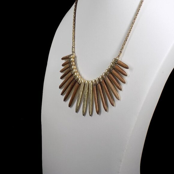Lucky Brand Necklace Wood Brass Tribal Collar Statement Rustic 15" 1.5" extender - Picture 6 of 9